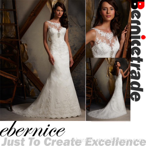 White Lace Boat Neck Wedding Bridal Gowns